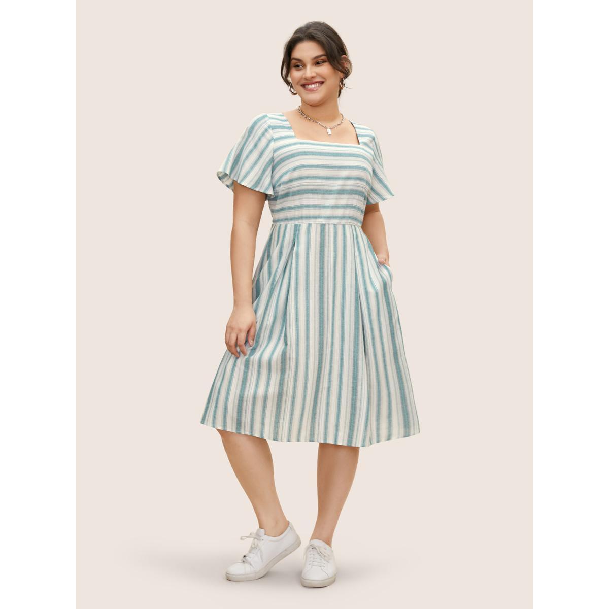 Plus Size Square Neck Striped Ruffle Sleeve Pleated Dress Teal Women Casual Pleated Square Neck Short sleeve Curvy BloomChic 14-16/1X Product Image