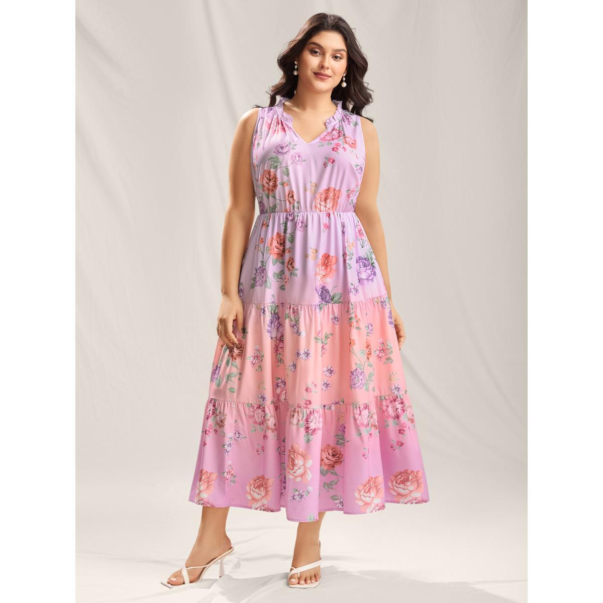 Plus Size Floral Print Pockets Gradient Maxi Dress Blush Women Notched collar Sleeveless Curvy BloomChic 14-16/1X Product Image