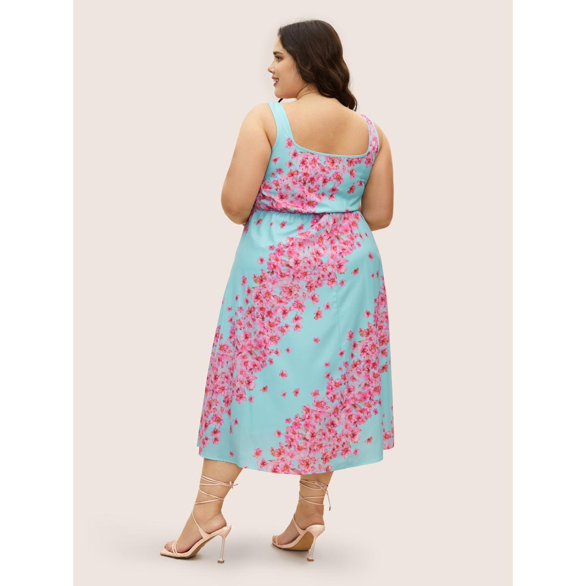 Plus Size Boho Print Square Neck Elastic Waist Dress Skyblue Women Elegant Square Neck Sleeveless Curvy BloomChic 22-24/3X Product Image