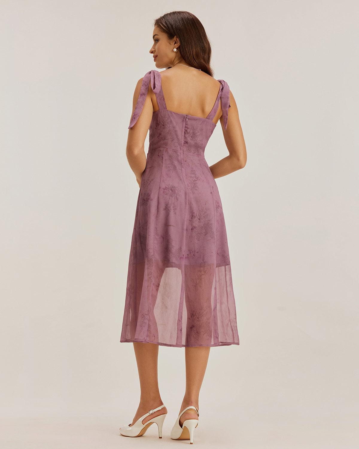 Purple Floral Tie Strap Midi Dress Product Image