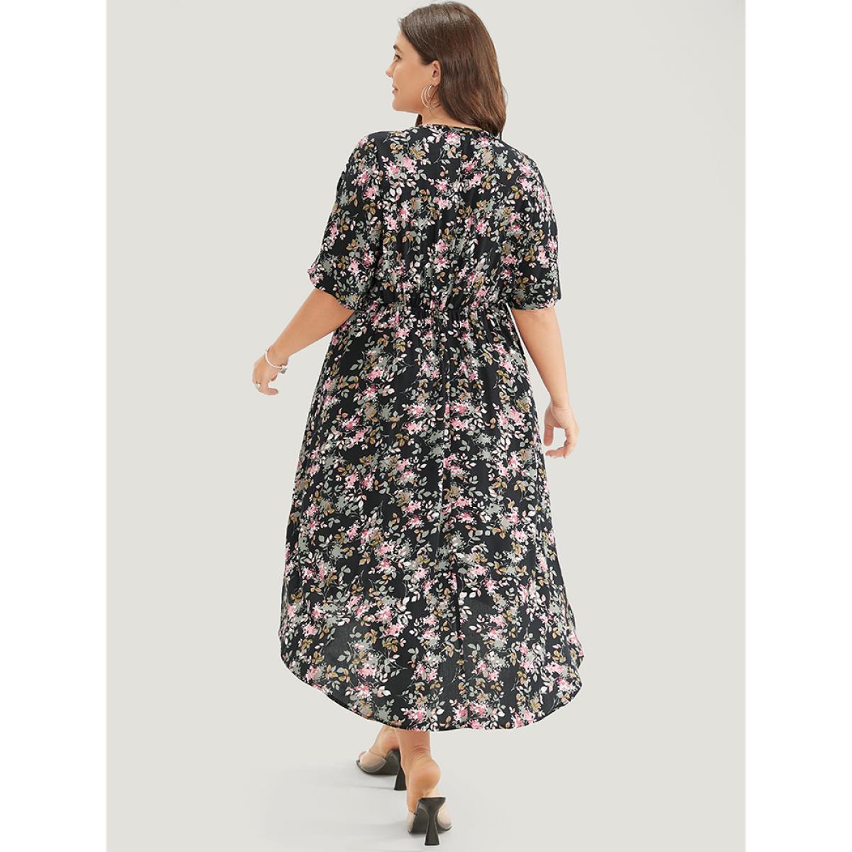Plus Size Floral Lace Insert Dolman Sleeve Pocket Ruffle High Low Dress Black Women Elegant Lace V-neck Short sleeve Curvy Midi Dress BloomChic 12/L Product Image
