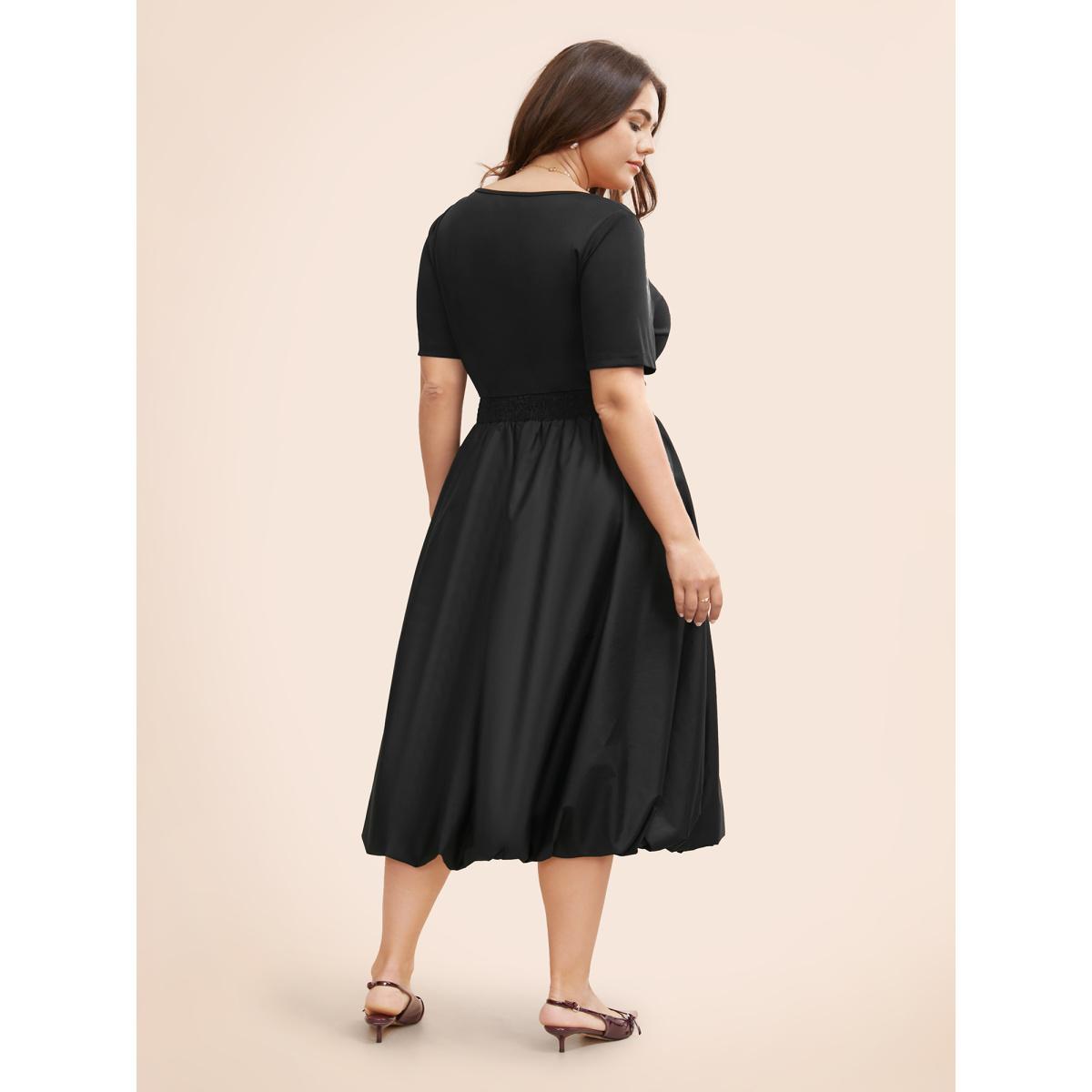Plus Size Solid Shirred Bubble Hem Midi Dress Black Women Elegant Patchwork Square Neck Short sleeve Curvy BloomChic 10/M Product Image