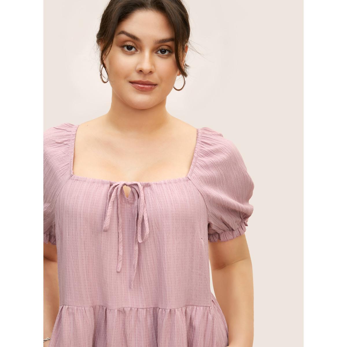 Plus Size Square Neck Textured Ruffle Layered Hem Dress Beanpastepowder Women Casual Tie knot Square Neck Short sleeve Curvy BloomChic 18-20/2X Product Image