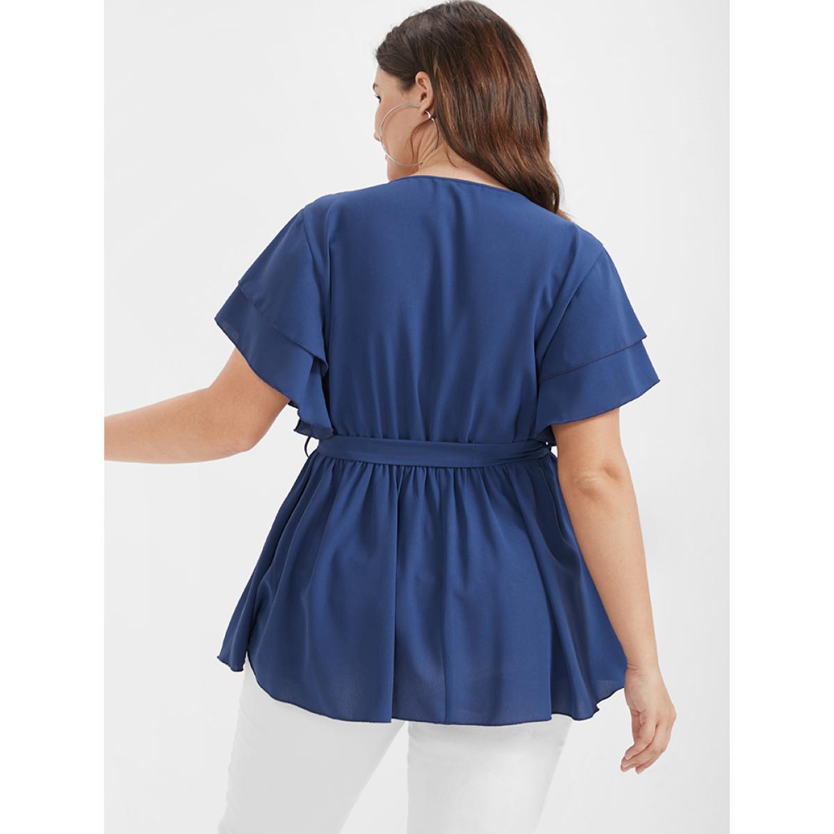 Plus Size DarkBlue Solid Babydoll Flutter Tiered Belted V Neck Blouse Women Elegant Short sleeve V-neck Dailywear Blouses BloomChic 30/6X Product Image