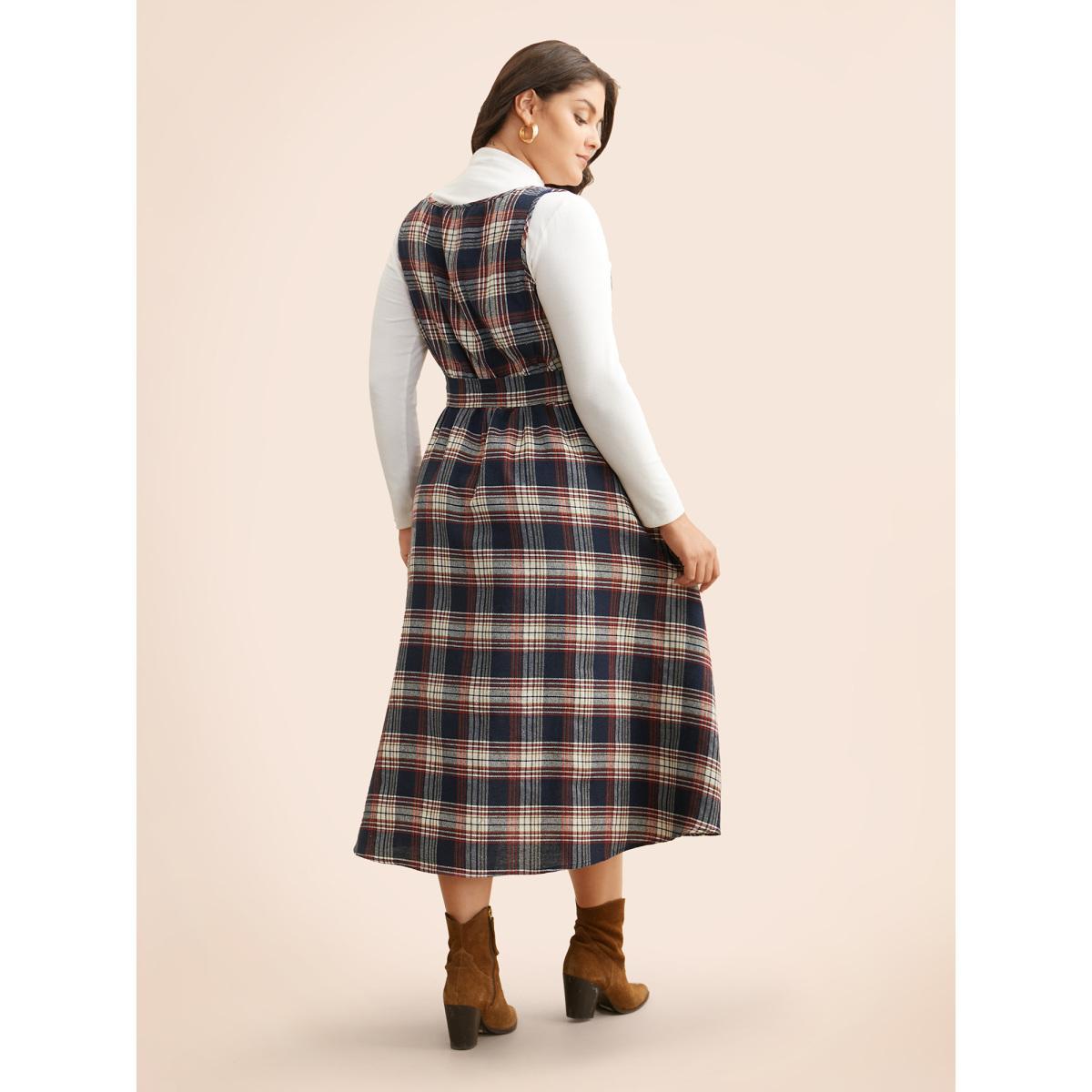 Plus Size Square Neck Plaid Belted Dress DarkBlue Women Elegant Belted Square Neck Sleeveless Curvy BloomChic 26/4X Product Image