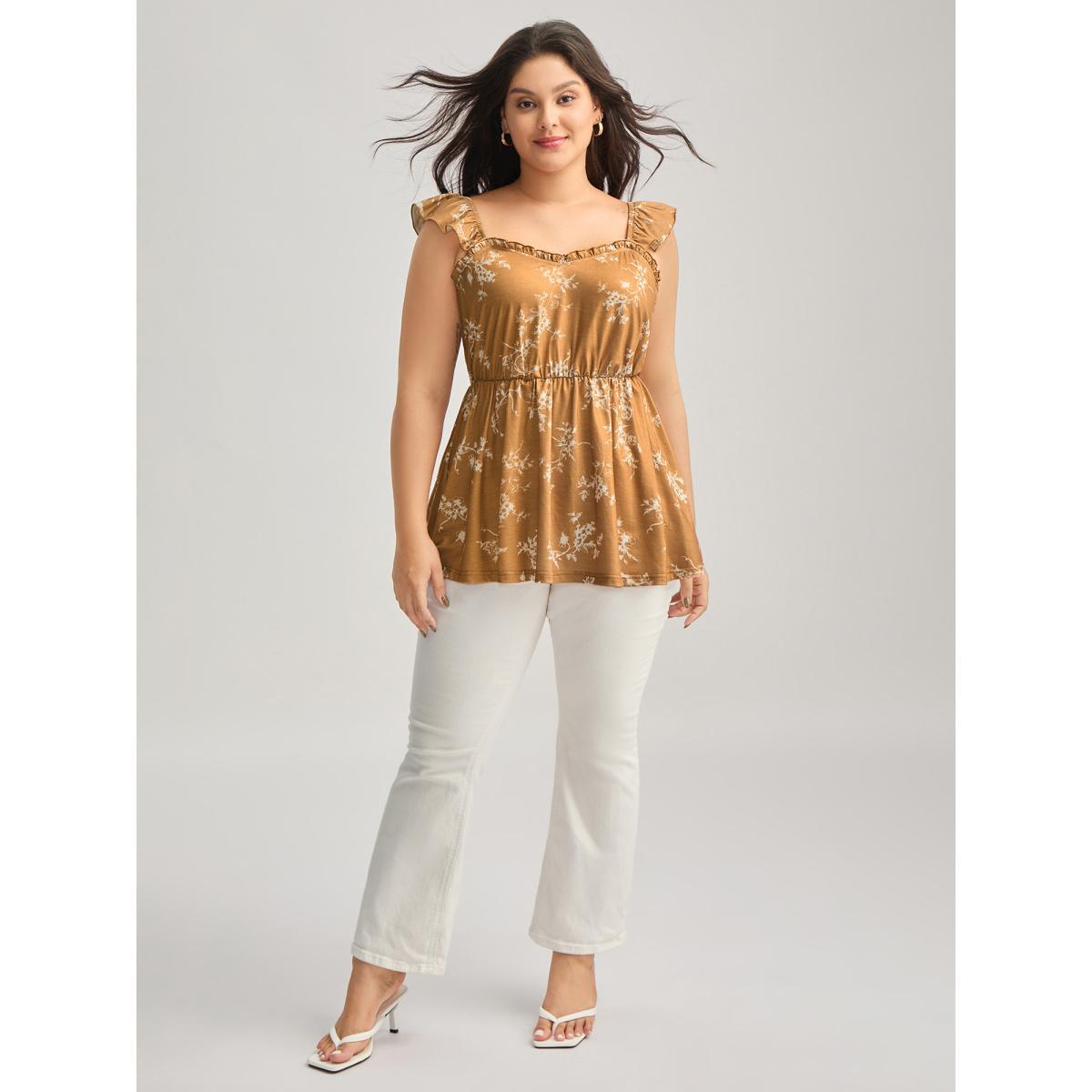 Plus Size Silhouette Floral Flutter Tank Top Women Tan Gathered Heart neckline Everyday-Elegant Tank Tops Camis BloomChic 10/M Product Image