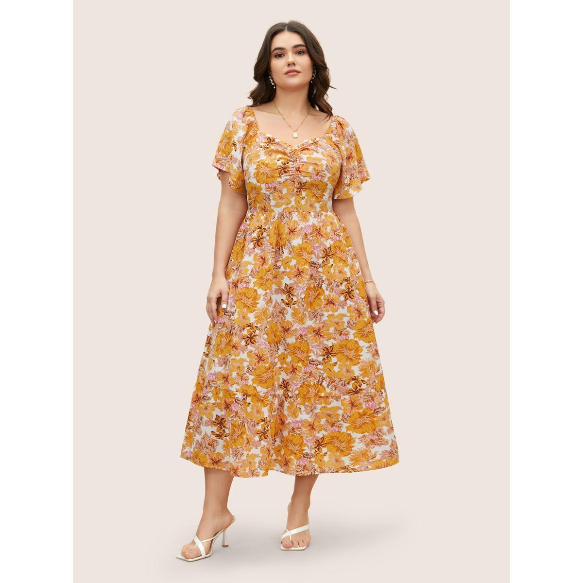 Plus Size Floral Heart Neckline Flutter Sleeve Dress Turmeric Women Elegant Twist Heart neckline Short sleeve Curvy BloomChic 22-24/3X Product Image