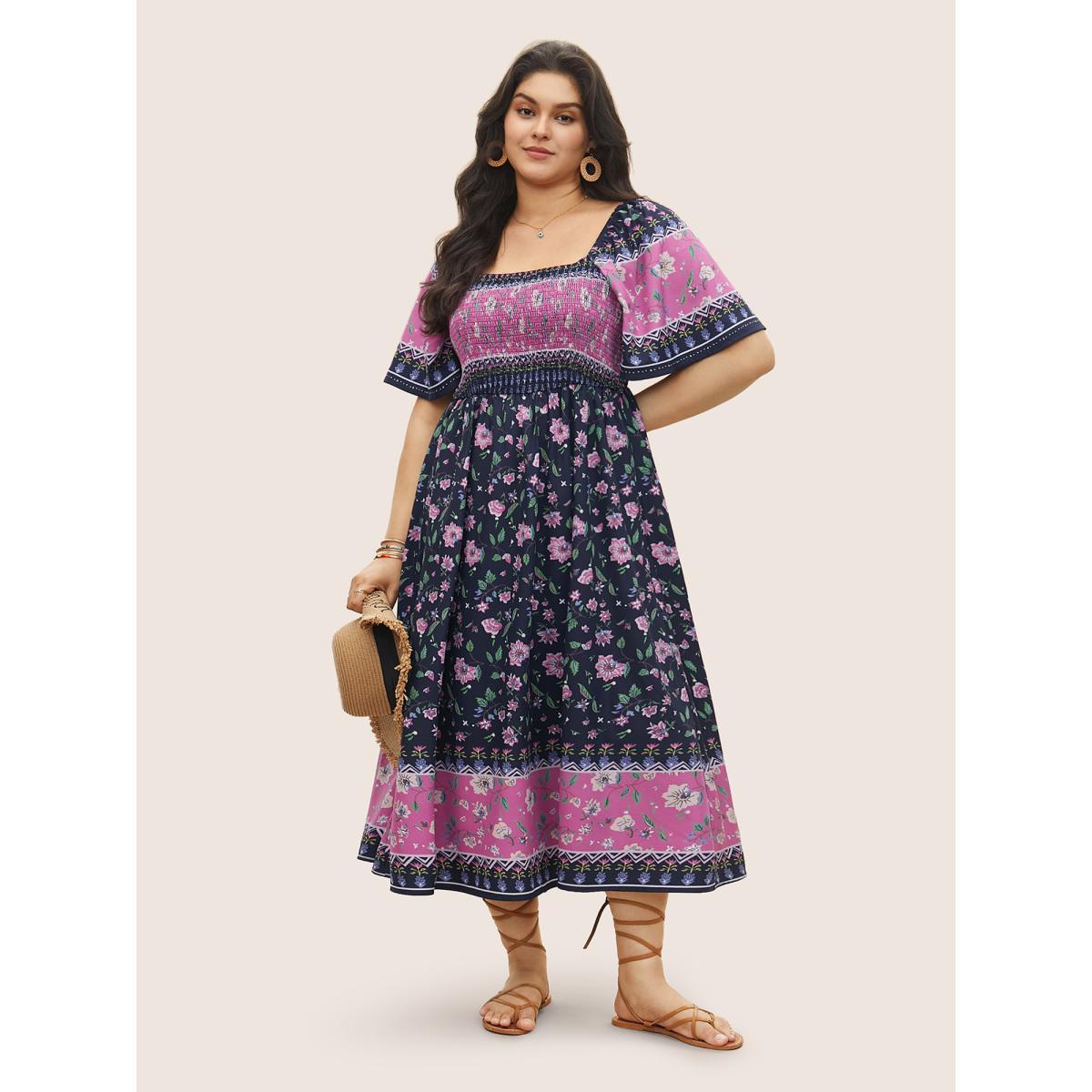 Plus Size Ditsy Floral Shirred Patchwork Ruffle Sleeve Dress Black Women Resort Shirred Square Neck Short sleeve Curvy Midi Dress BloomChic 22-24/3X Product Image