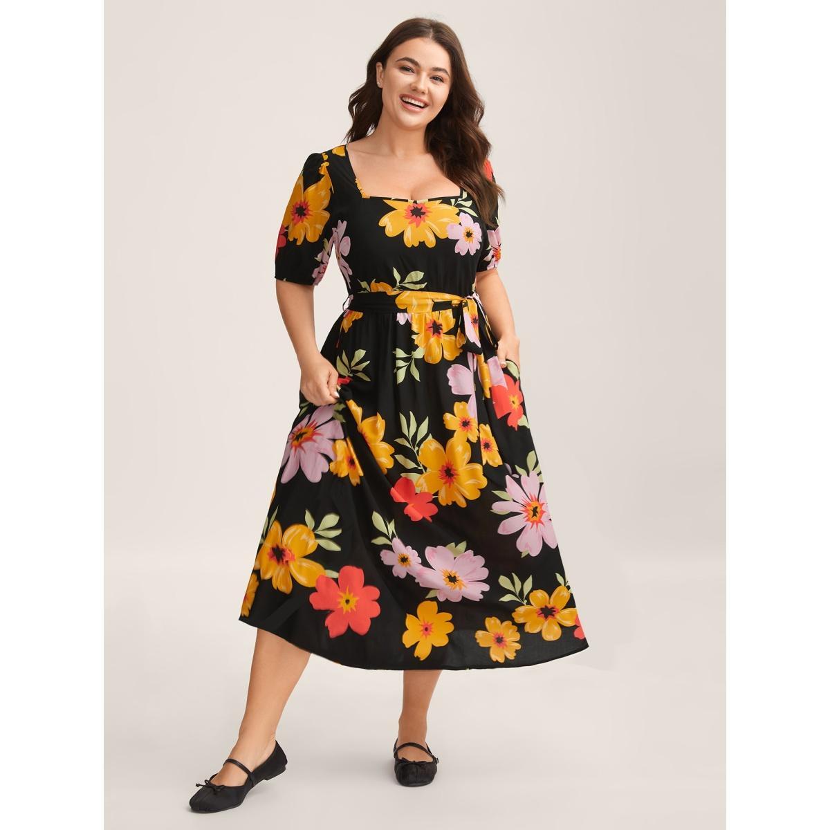 Plus Size Rayon Sunkissed Florals Belted Pockets Midi Dress Black Women Heart neckline Short sleeve Curvy BloomChic 22-24/3X Product Image