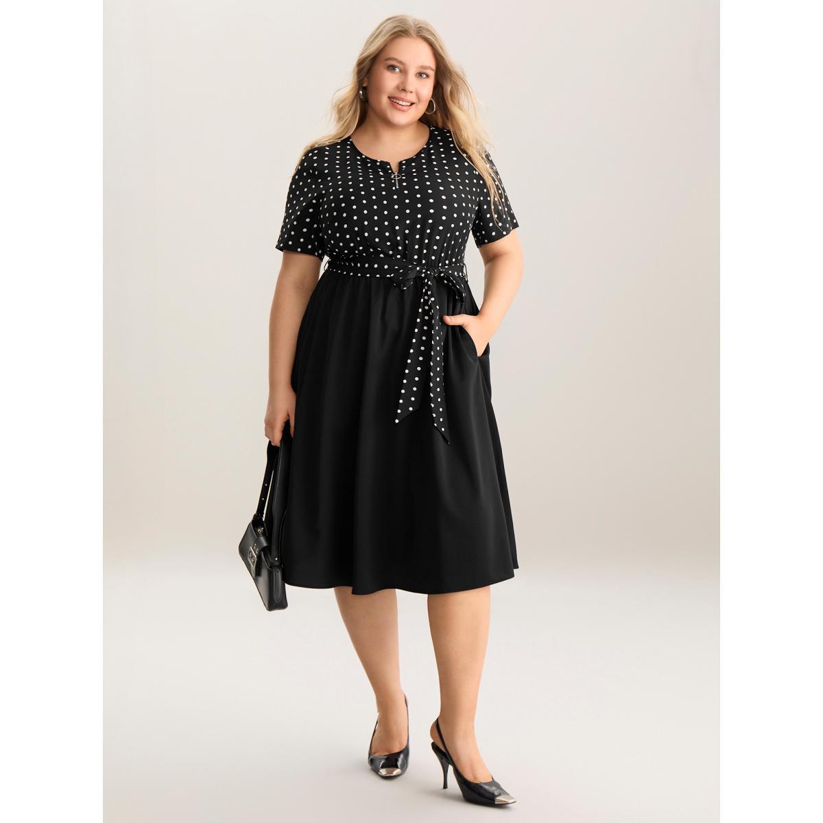 Plus Size Polka Dot Print Half Zipper Midi Dress BlackFlower Women Round Neck Short sleeve Curvy BloomChic 30/6X Product Image