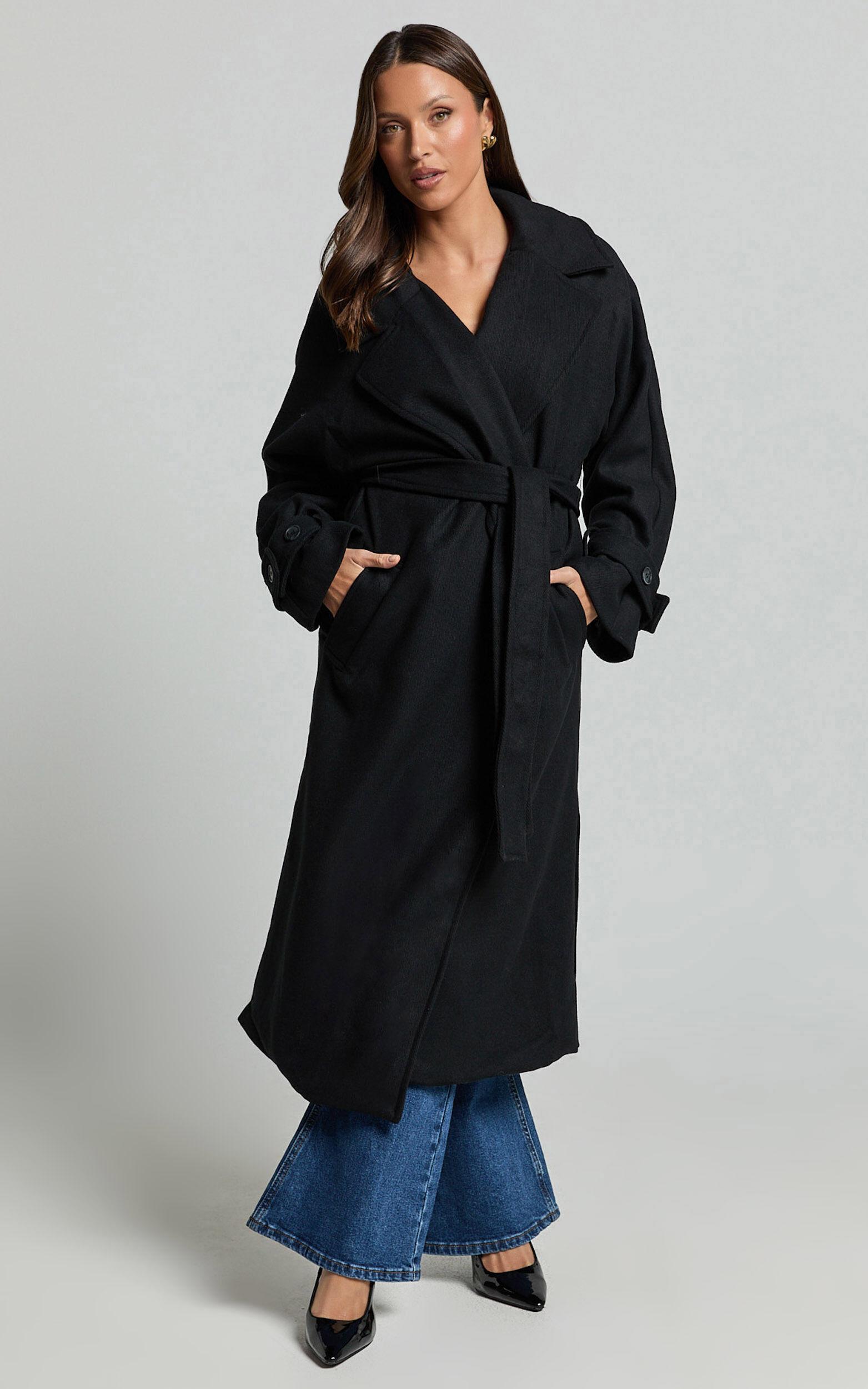 Mella Coat - Belted Longline Coat in Black Product Image