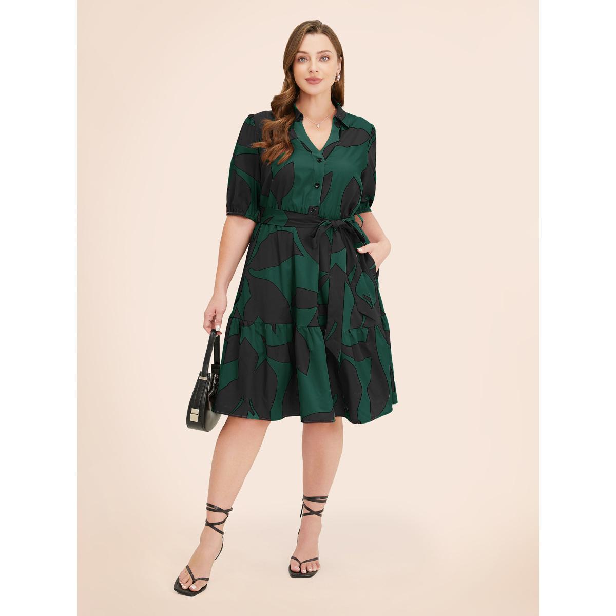 Plus Size Plant Pocket Puff Sleeve Belt Ruffle Hem Button Up Dress DarkGreen Women Office Belted Shirt collar Short sleeve Curvy Knee Dress BloomChic 14-16/1X Product Image