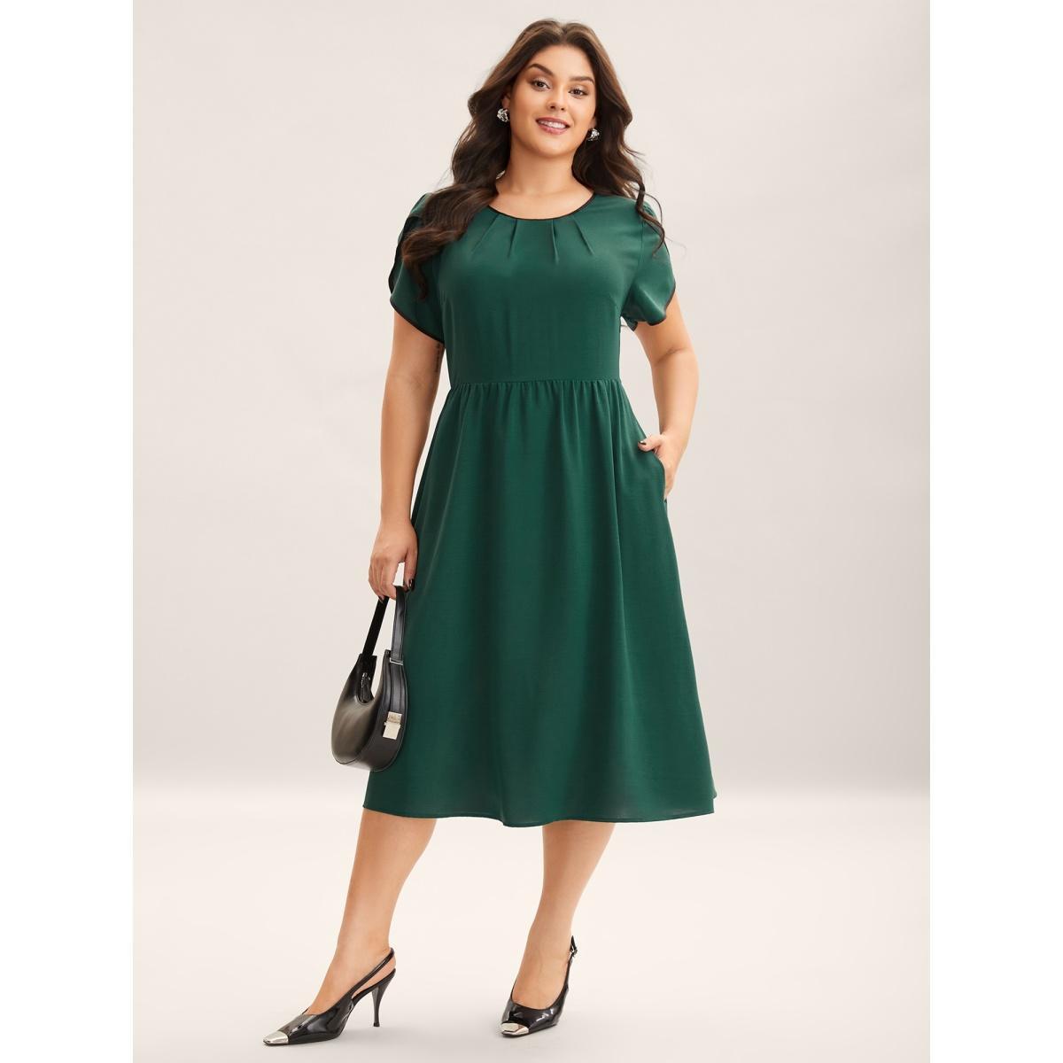 Plus Size Petal Sleeve Pleated Pockets Midi Dress DarkGreen Women Round Neck Short sleeve Curvy BloomChic 18-20/2X Product Image
