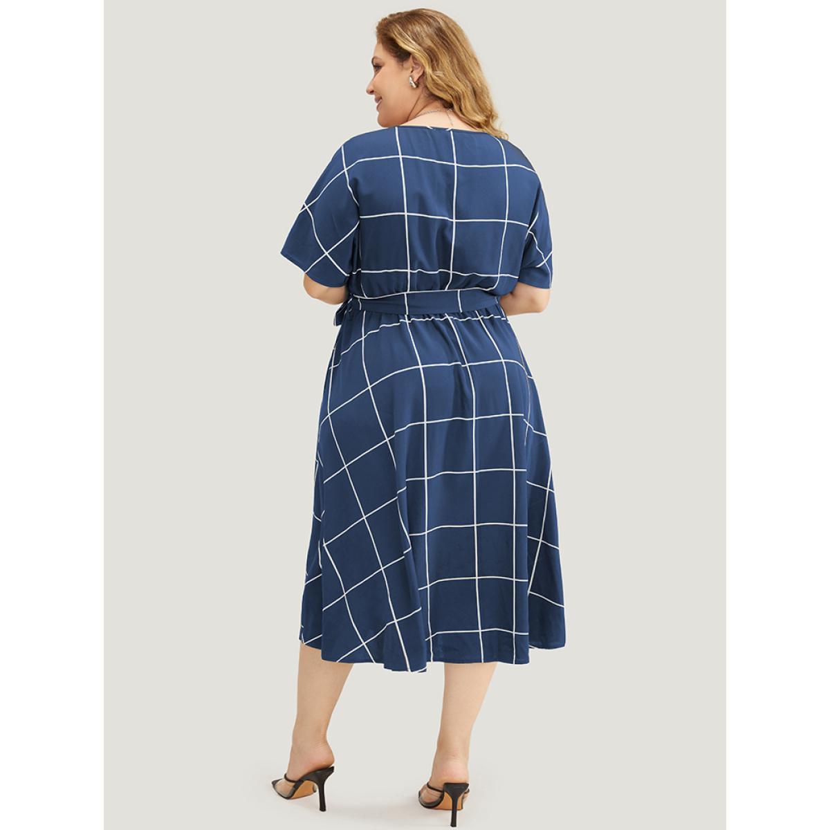Plus Size Plaid Print Pocket Belted Ruffle Hem Dolman Sleeve Dress DarkBlue Women Office Cross straps Round Neck Short sleeve Curvy Midi Dress BloomChic 10/M Product Image