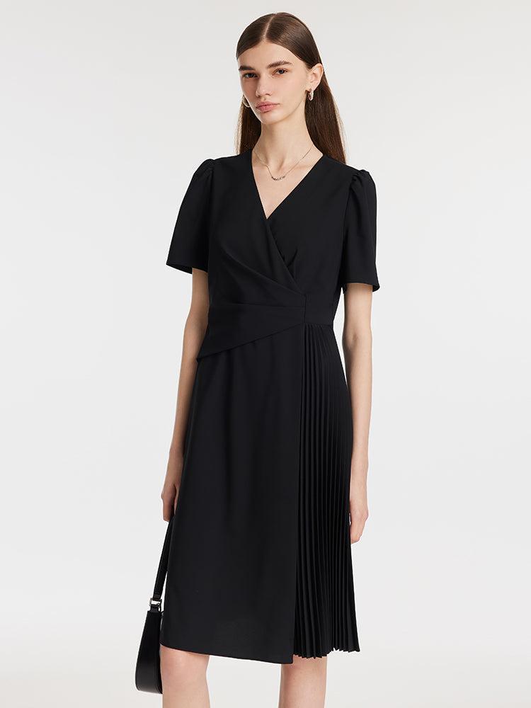 V-Neck Patchwork Pleated Women Mini Dress Product Image