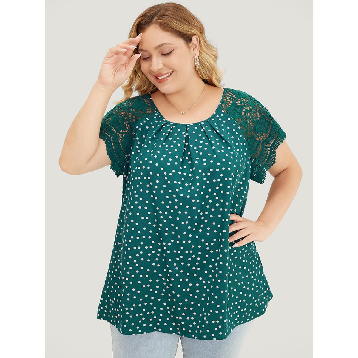 Plus Size Emerald Polka Dot Pleated Detail Lace Raglan Sleeve Blouse Women Elegant Short sleeve Round Neck Dailywear Blouses BloomChic 30/6X Product Image