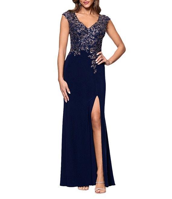 Xscape V-Neck Bead Bodice Front Slit Knit Jersey Sheath Gown Product Image