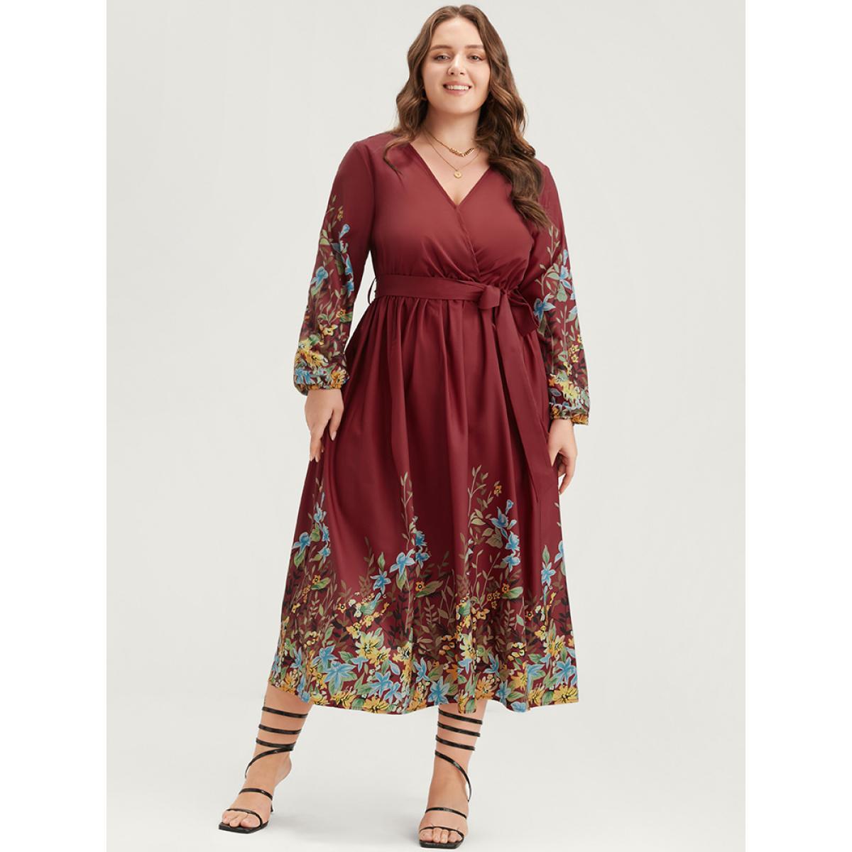 Floral Belt Boho Plus Size Women Vacation Dress Bohemian Print Scarlet Printed Lantern Sleeve Long Sleeve V Neck Dailywear Midi Dress Dresses BloomChic Product Image