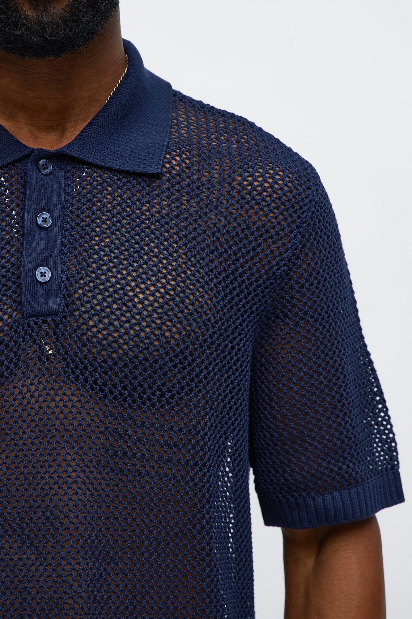 Vacation Me Please Open Knit Polo - Navy Product Image