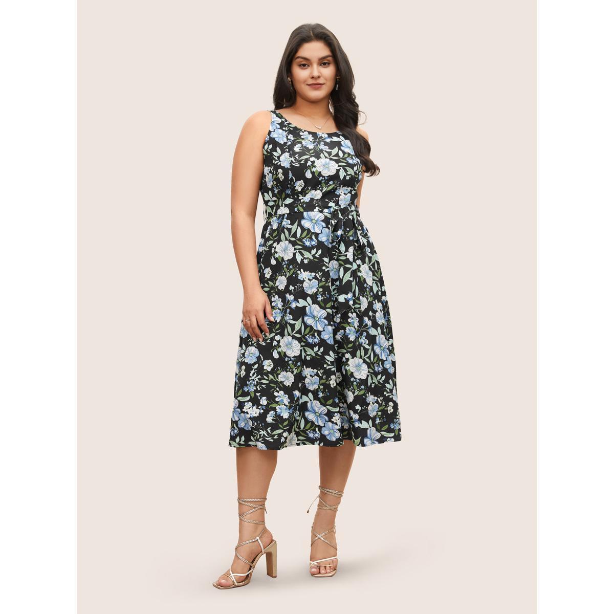 Plus Size Floral Elastic Waist Sleeveless Pocket Belted Dress BlackFlower Women Elegant Non Round Neck Sleeveless Curvy Midi Dress BloomChic 10/M Product Image