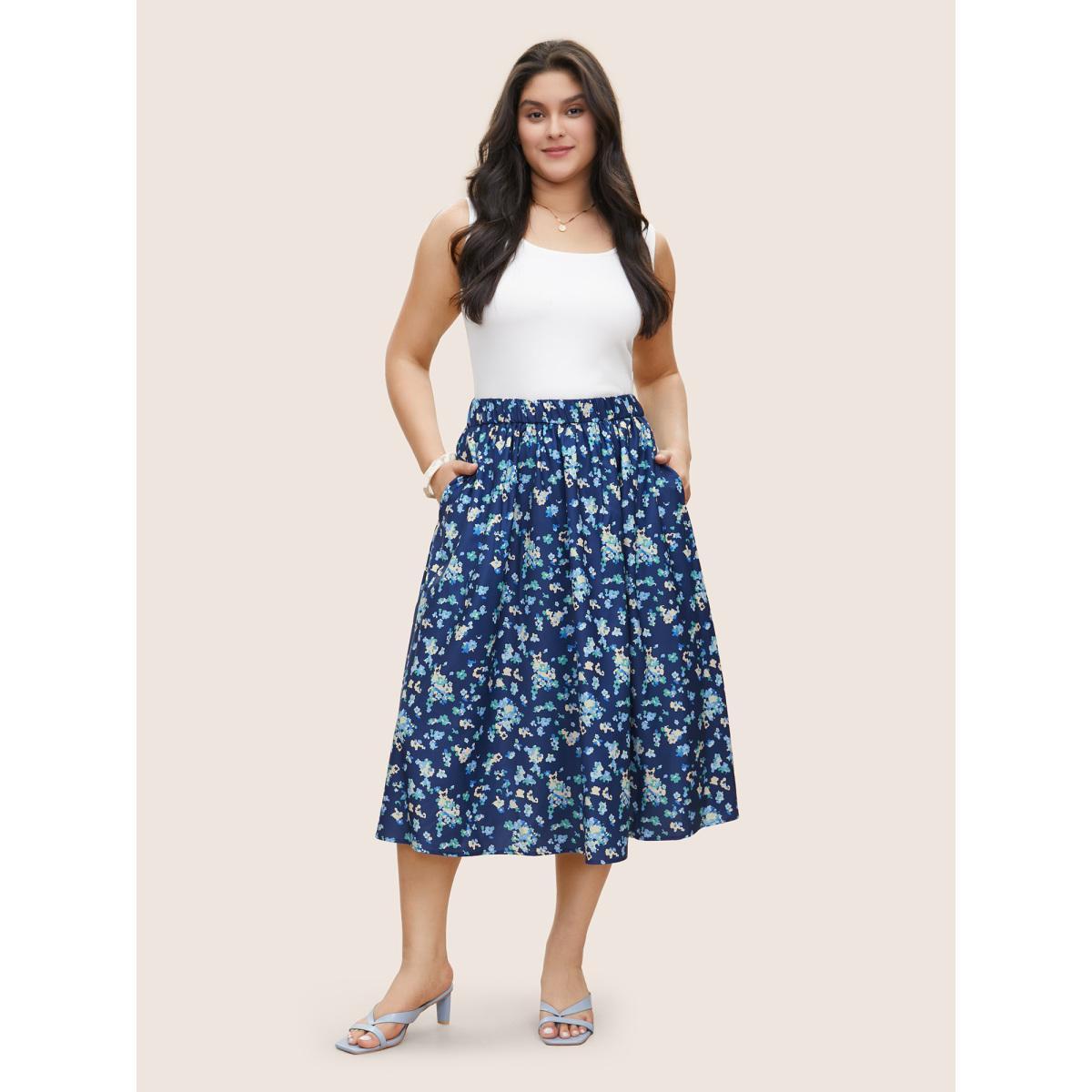 Plus Size Ditsy Floral Print Elastic Waist Pocket Midi Skirt Women Aegean Elegant Non No stretch Slanted pocket Everyday Skirts BloomChic 30/6X Product Image