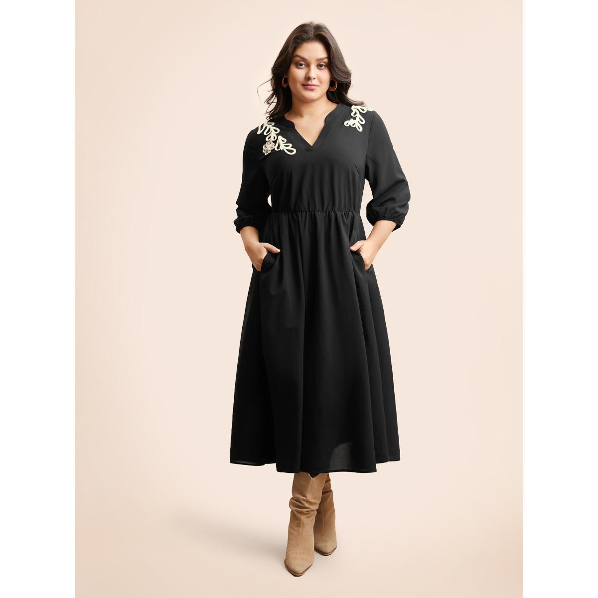 Plus Size Notched Stereo Flower Design Midi Dress Black Women Resort Woven ribbon&lace trim Notched collar Elbow-length sleeve Curvy BloomChic 14-16/1X Product Image
