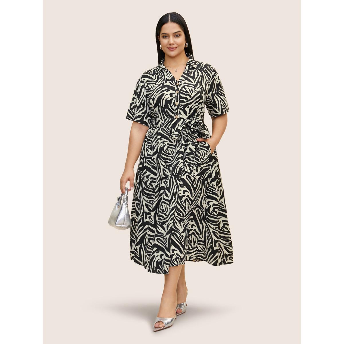 Plus Size Zebra Print Shirt Collar Belted Dress Black Women At the Office Belted Shirt collar Half Sleeve Curvy BloomChic 12/L Product Image