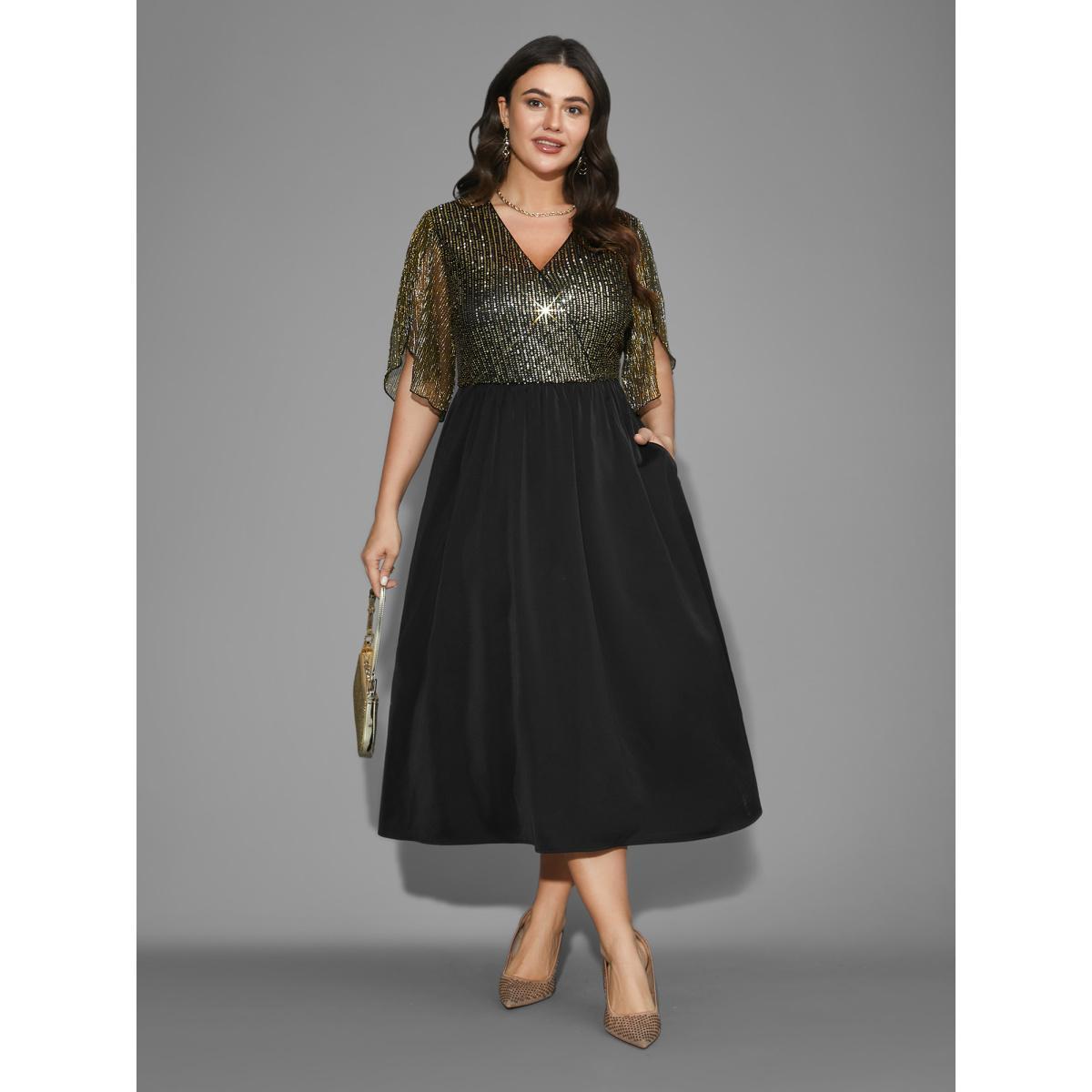 Plus Size Sequin Mesh Petal Sleeve Midi Dress Black Women Cocktail Overlapping Party Curvy Bloomchic 14-16/1X Product Image