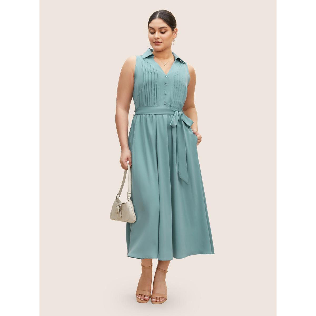 Plus Size Plain Button Detail Belted Pleated Sleeveless Dress Stone Women Work From Home Belted Shirt collar Sleeveless Curvy BloomChic 28/5X Product Image