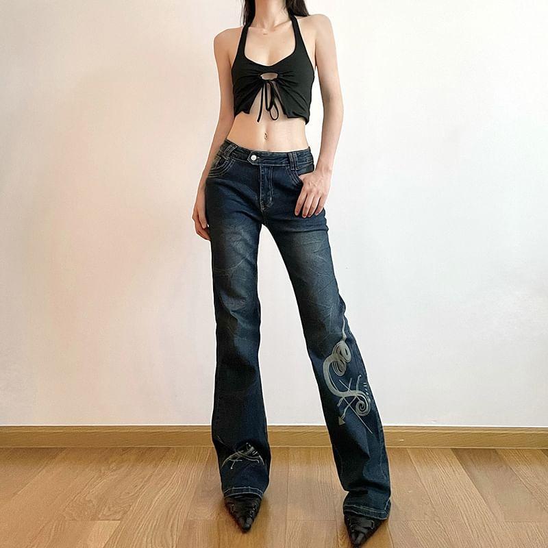 Low Waist Graphic Print Slim-Fit Boot-Cut Jeans Product Image