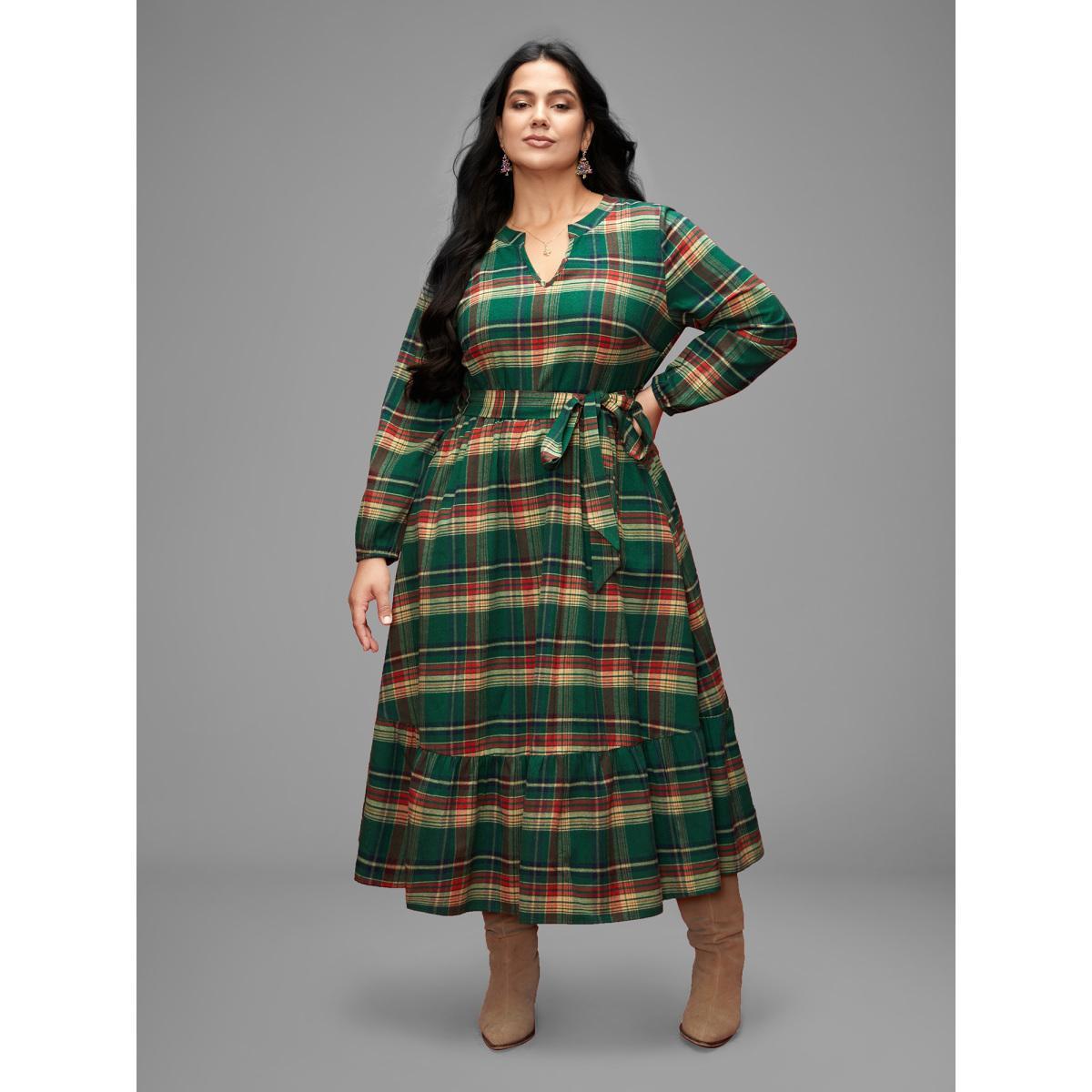Plus Size Festive Notched Collar Plaid Dress Truegreen Women Elegant Belted Flat collar with V-notch Long Sleeve Curvy BloomChic 22-24/3X Product Image