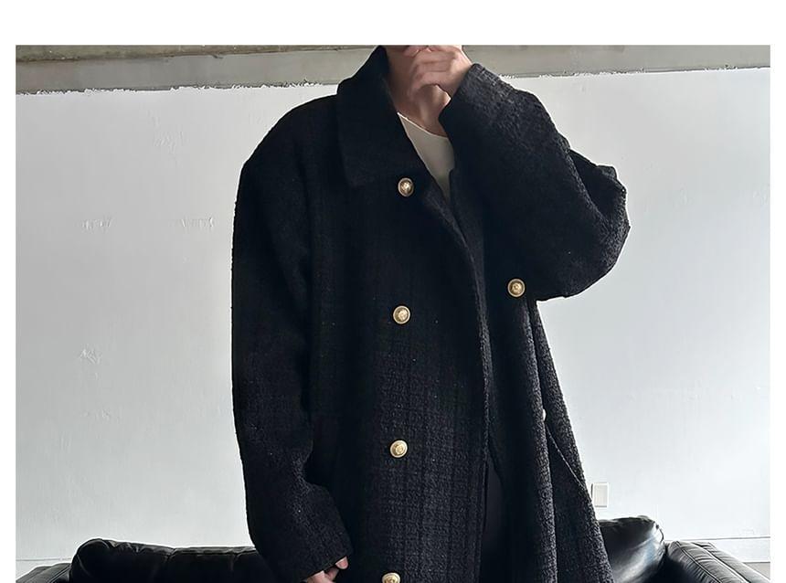 Lapel Collar Plain Double Breasted Long Coat Product Image