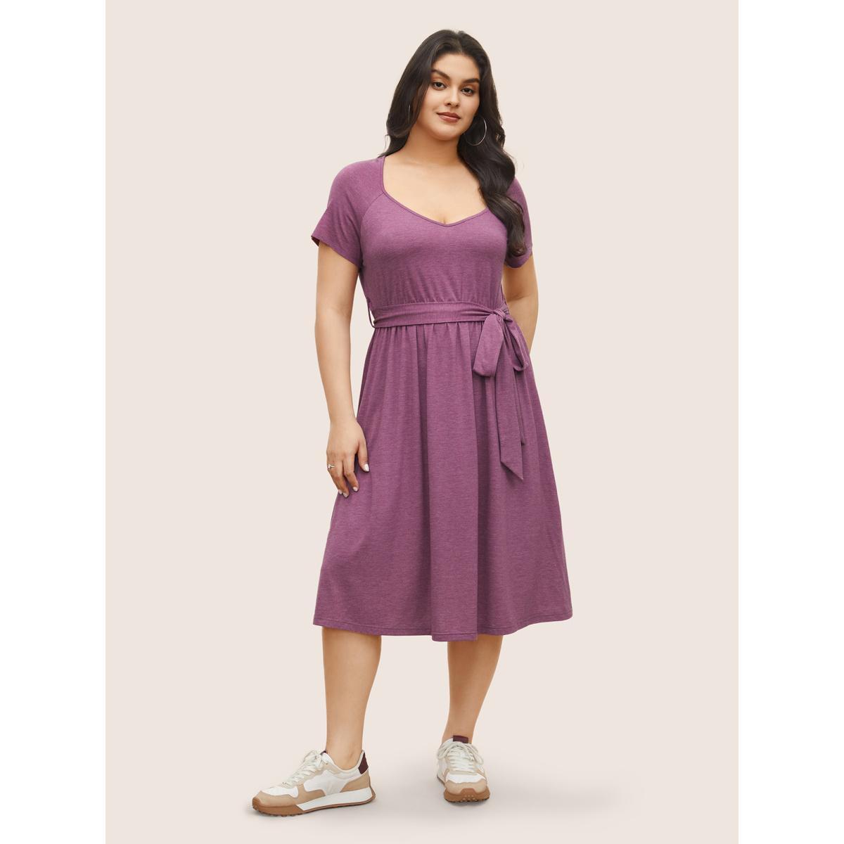 Plus Size Supersoft Essentials Plain Raglan Sleeve Belted Dress Lilac Women Basics Non Square Neck Short sleeve Curvy Midi Dress BloomChic 28/5X Product Image