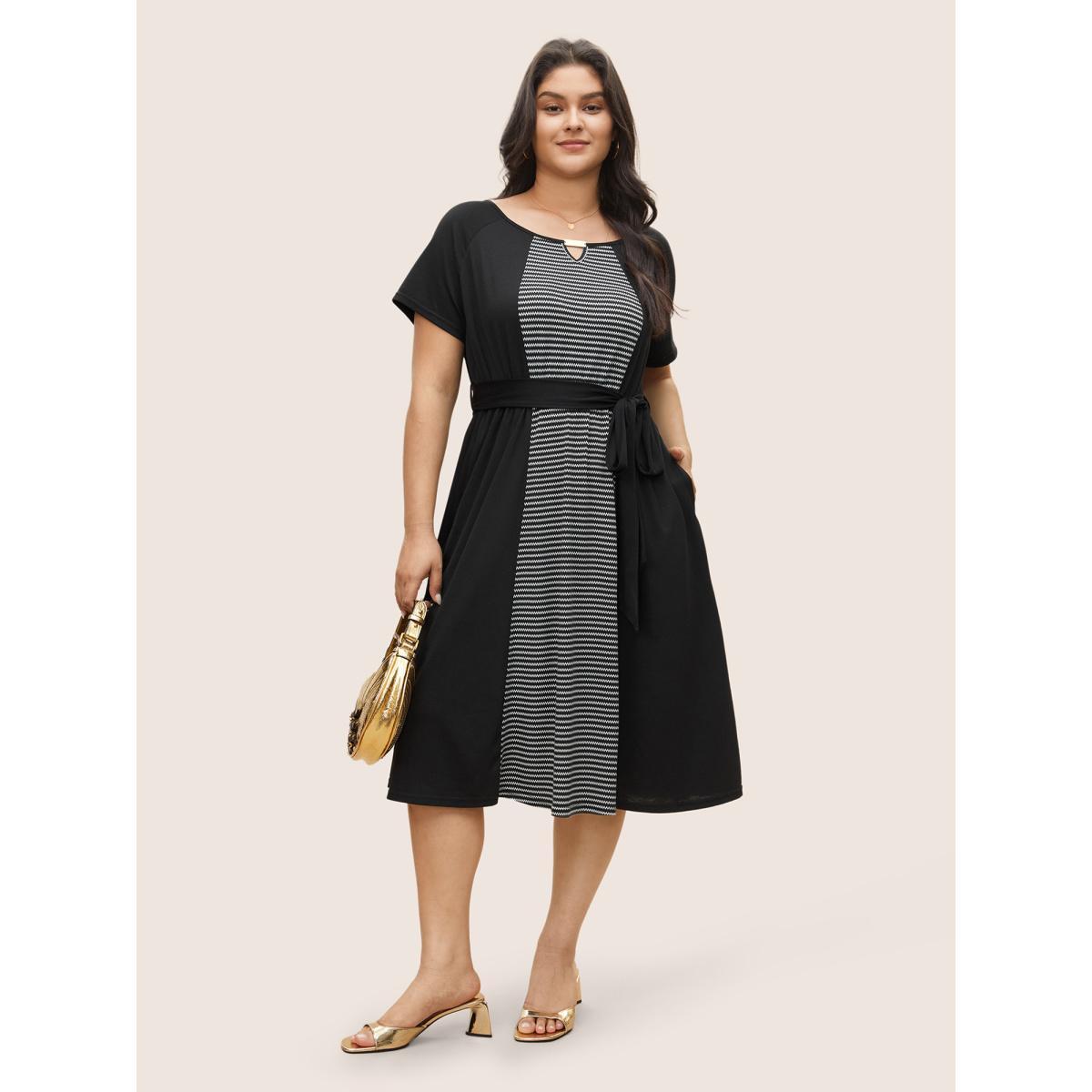 Plus Size Striped Patchwork Keyhole Belted Raglan Sleeve Dress Black Women At the Office Non Notched collar Short sleeve Curvy Midi Dress BloomChic 28/5X Product Image