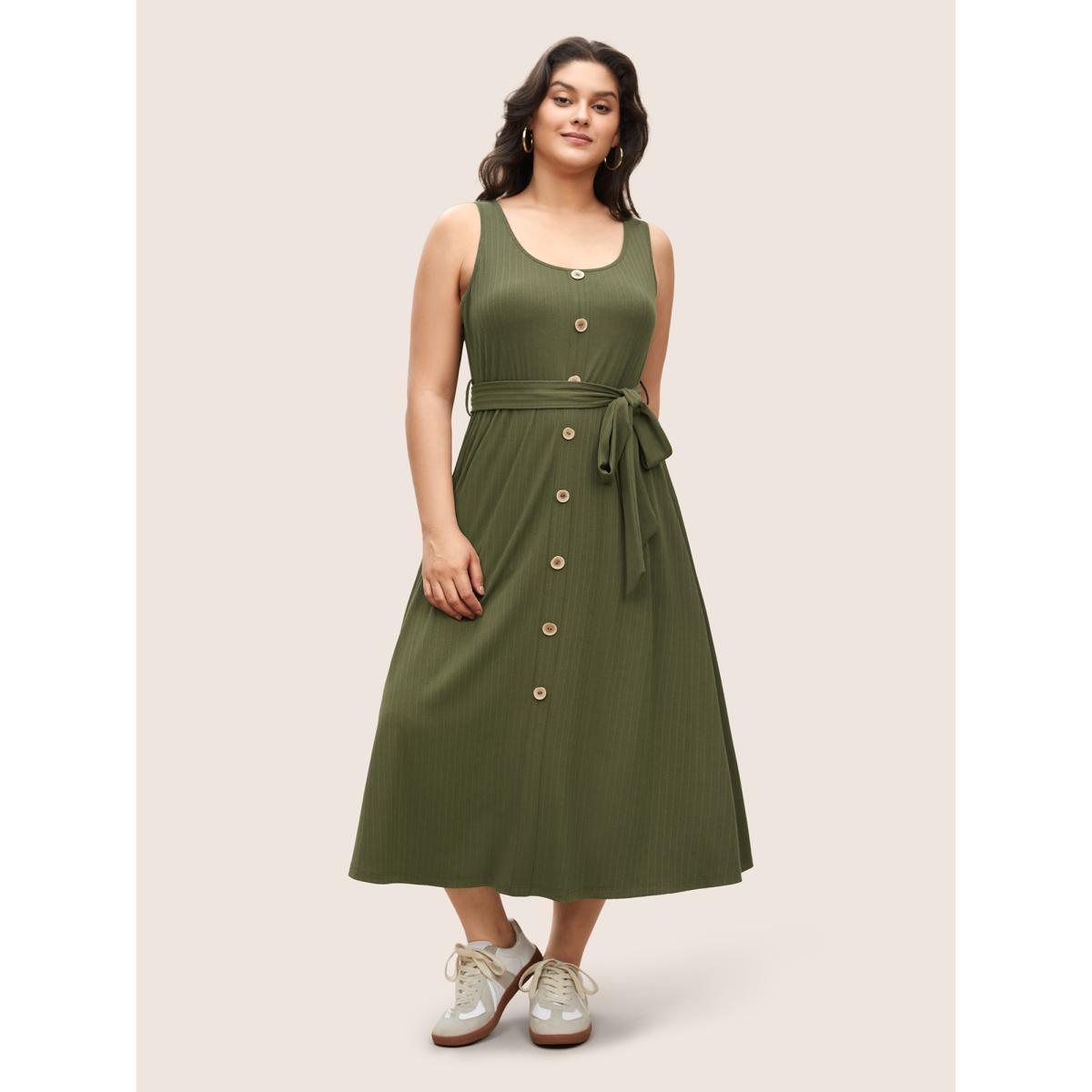 Plus Size Solid Button Detail Sleeveless Knit Dress ArmyGreen Women Casual Texture U-neck Sleeveless Curvy Midi Dress BloomChic 28/5X Product Image