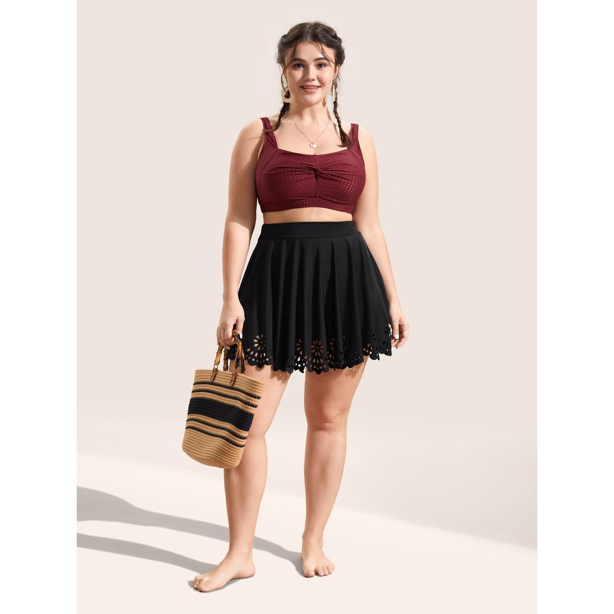 Plus Size Plain Laser Cut Elastic Waist Swim Bottom Women's Swimwear Black Beach Laser High stretch Bodycon High Rise Curve Swim Bottoms BloomChic 12/L Product Image