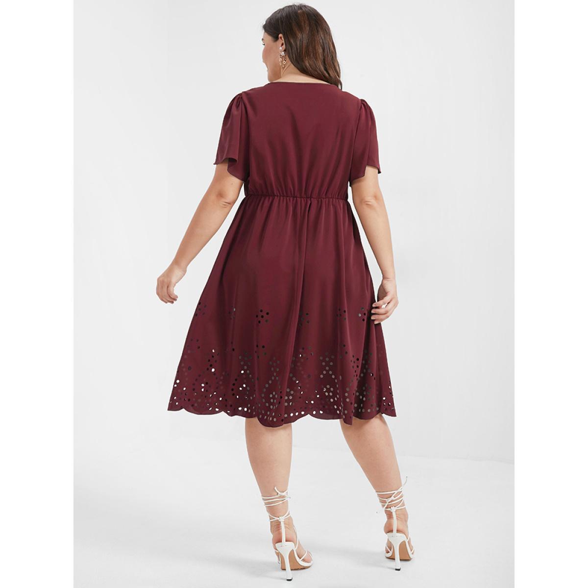 Plus Size Solid Ruffles Pocket Broderie Anglaise Knee Dress Burgundy Women Elegant Cut-Out V-neck Short sleeve Curvy Knee Dress BloomChic 14-16/1X Product Image