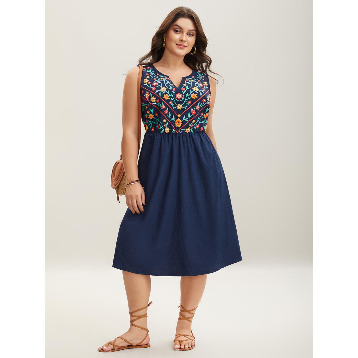 Plus Size Imitation Embroidery Woven Sleeveless Midi Dress Navy Women Asymmetrical Neck Sleeveless Curvy BloomChic 10/M Product Image