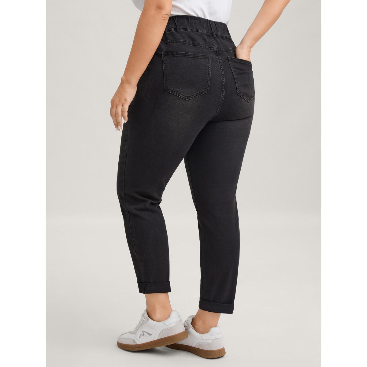Plus Size Drawstring Elastic Waist Roll Hem Jeans Women Black Casual Plain Drawstring High stretch Slanted pocket Jeans BloomChic 20/2X Product Image