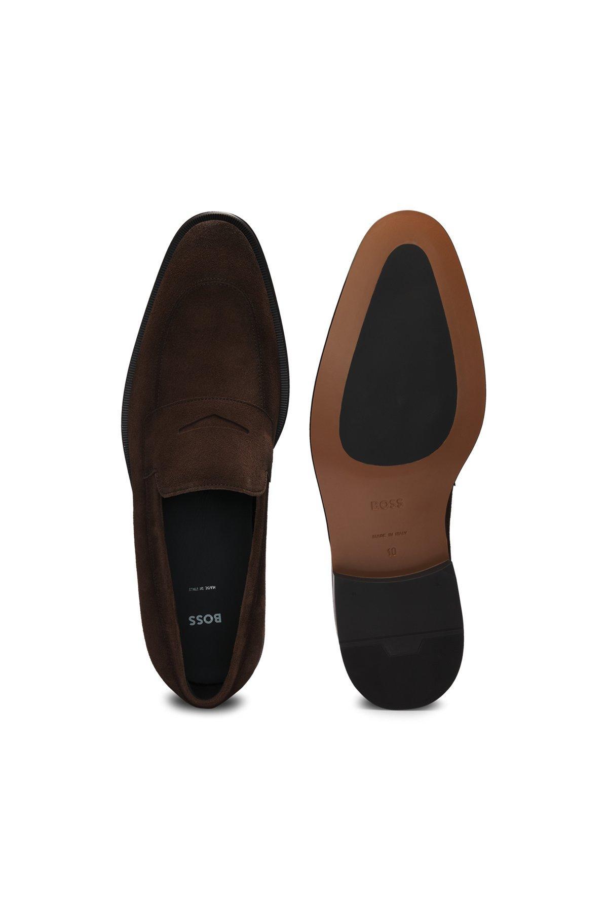 BOSS - Italian-made suede loafers with penny trim - Dark Brown Product Image