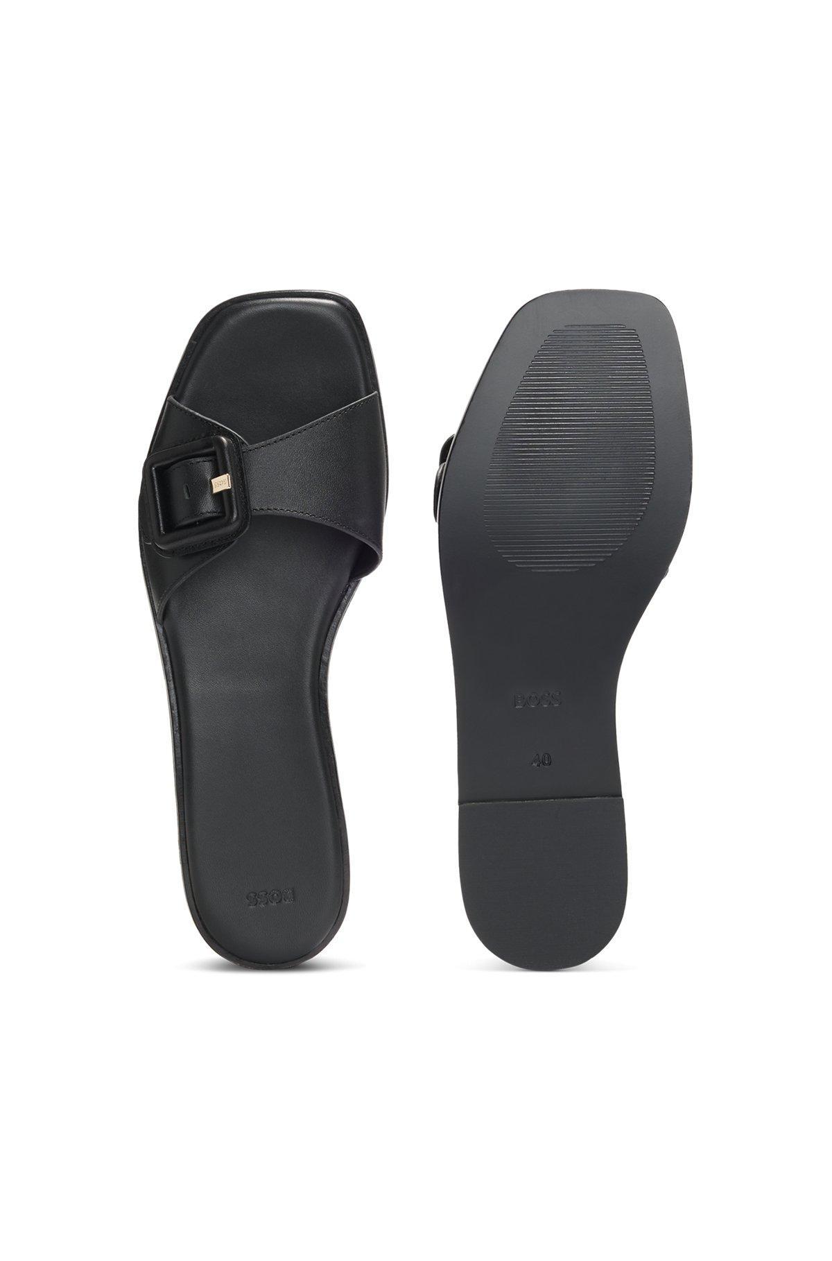BOSS - Leather slides with logo-detail buckle - Black Product Image