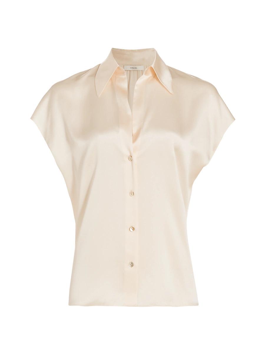 Cap-Sleeve Ruched-Back Silk Blouse Product Image
