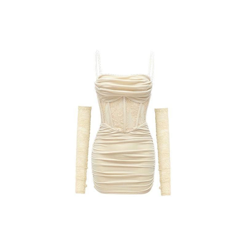 Spaghetti Strap Velvet Panel Lace Bodycon Dress with Arm Sleeves (Various Designs) Product Image