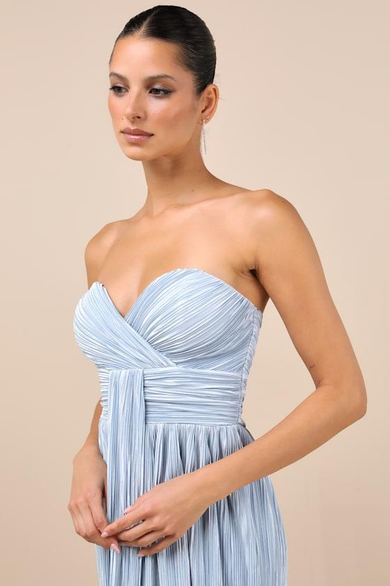 Oswin Light Blue Satin Plisse Strapless Maxi Dress Product Image