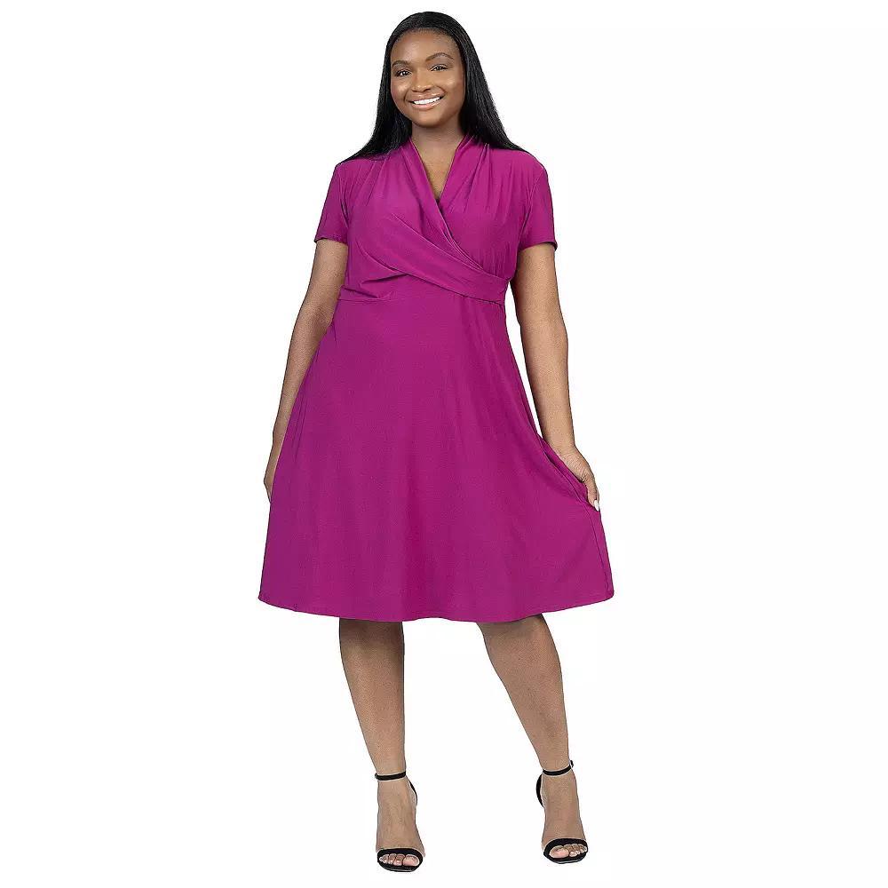 Plus Size 24Seven Comfort Apparel Print Short Sleeve Knee Length V Neck Rouched Wrap Dress, Women's, Size: 1XL, Blue Product Image