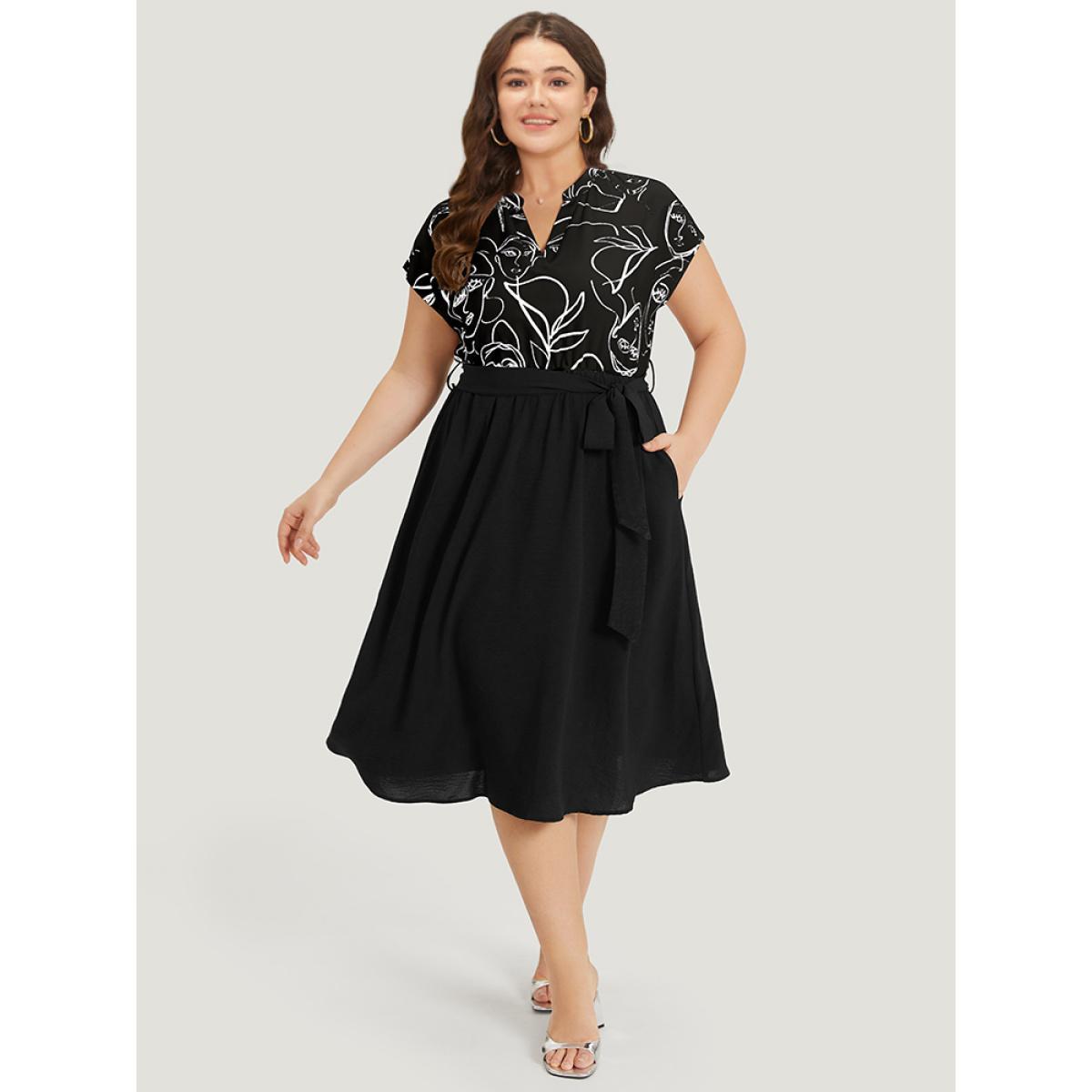 Plus Size Figure Graffiti Notched Patchwork Belted Dress Black Women Office Lined Notched collar Short sleeve Curvy Midi Dress BloomChic 14-16/1X Product Image