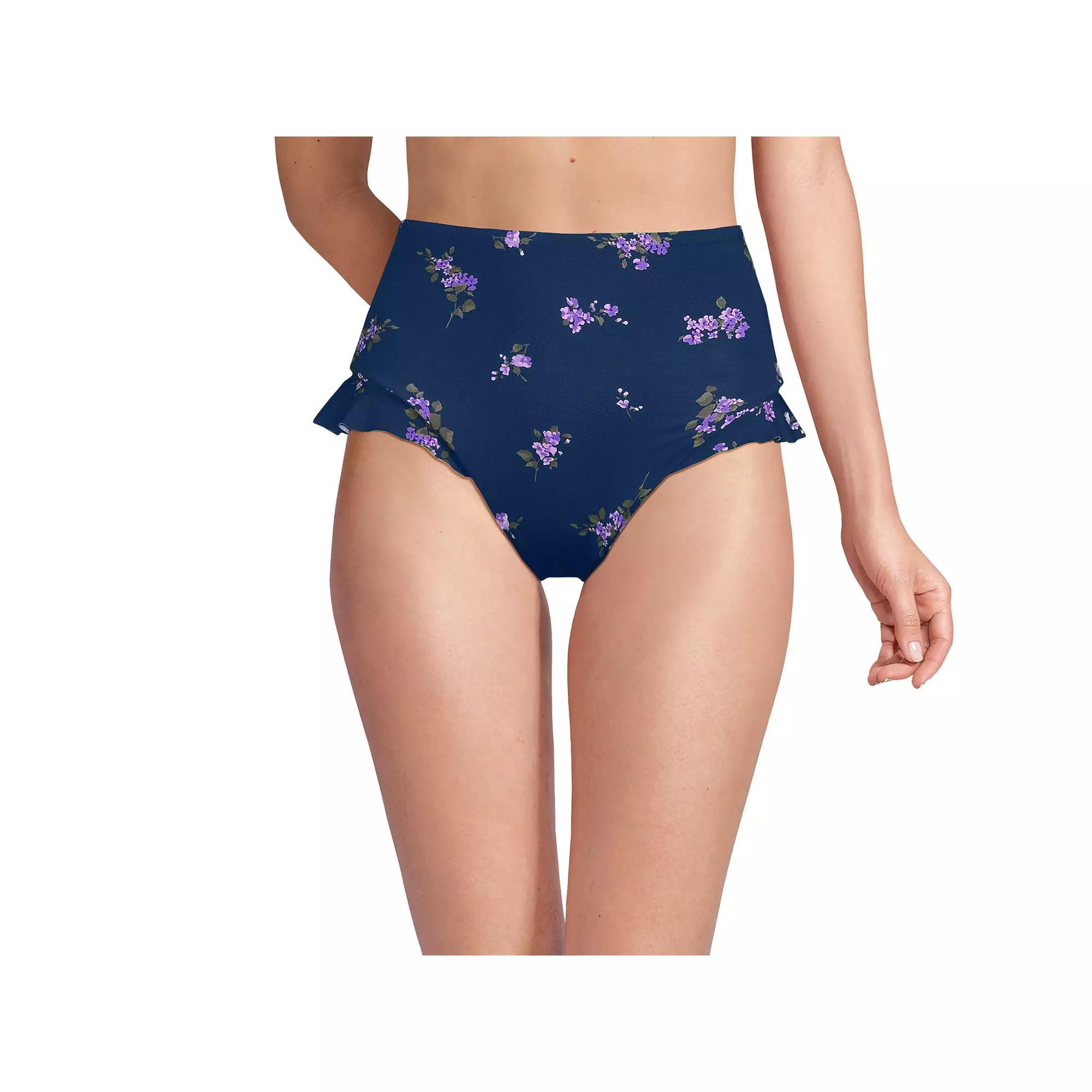 Women's Lands' End Ruffle High Waisted High Leg Swim Bottoms, Size: 12, Black White Dots Product Image