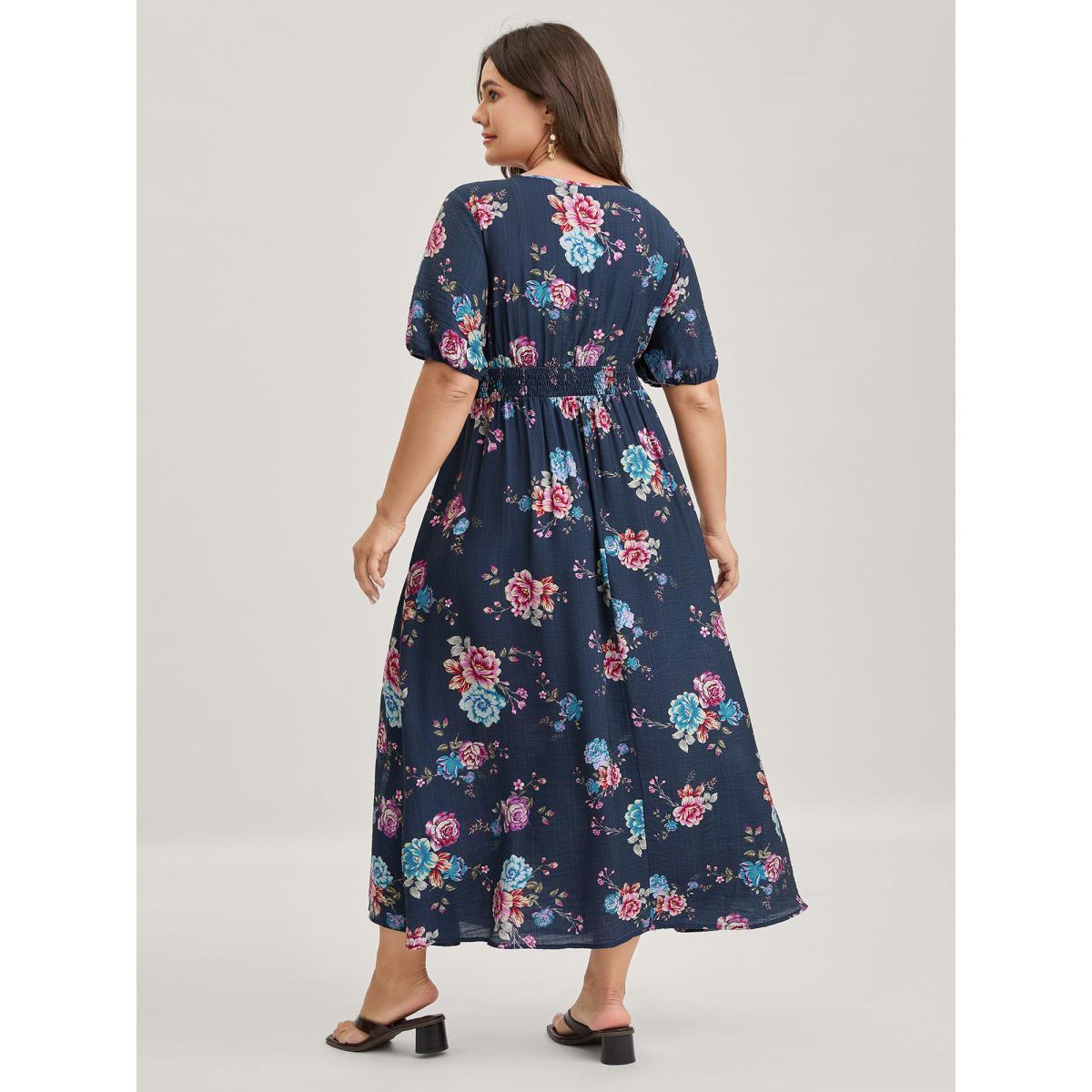 Plus Size Floral Print Shirred Waist Slit Midi Dress DarkBlue Women Slit V-neck Short sleeve Curvy BloomChic 14-16/1X Product Image