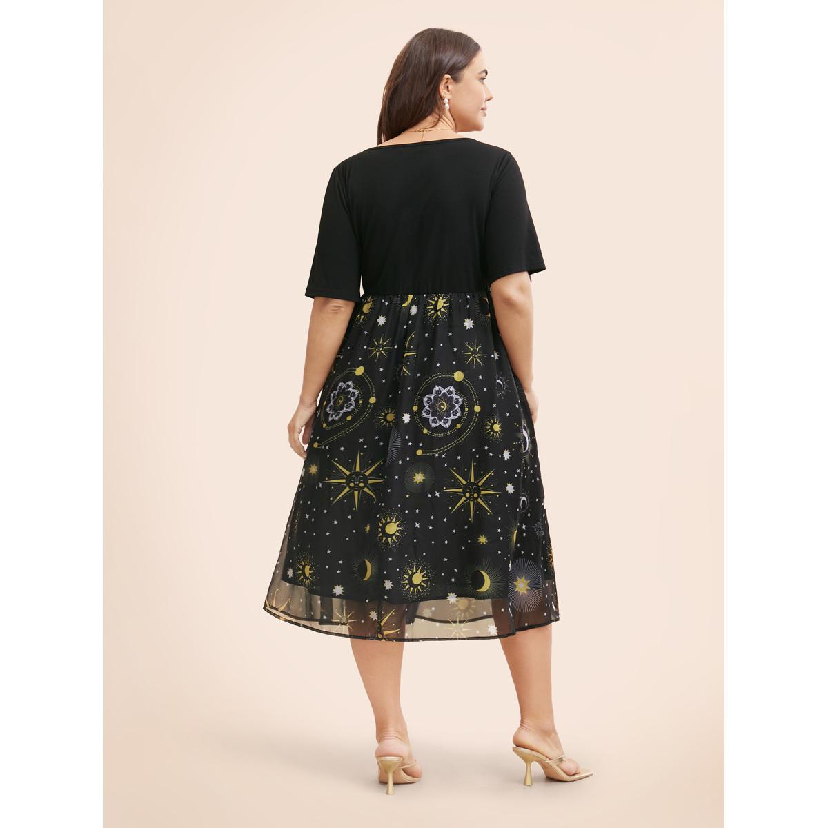 Plus Size Halloween Moon & Star Print Ruched Patchwork Dress Black Women Elegant Gathered Square Neck Short sleeve Curvy Midi Dress BloomChic 18-20/2X Product Image