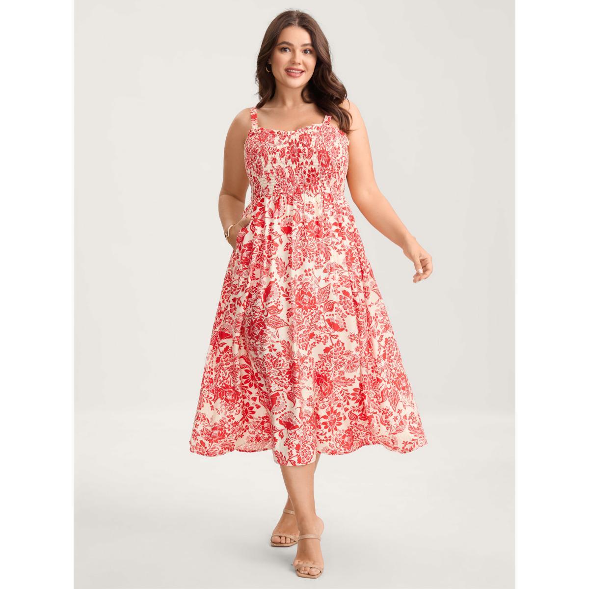Plus Size Floral Shirred Ruffled Cami Midi Dress Crimson Women Heart neckline Sleeveless Curvy BloomChic 14-16/1X Product Image
